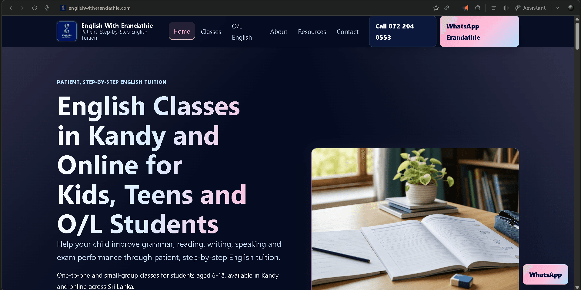 English With Erandathie homepage screenshot showing English classes in Kandy and online