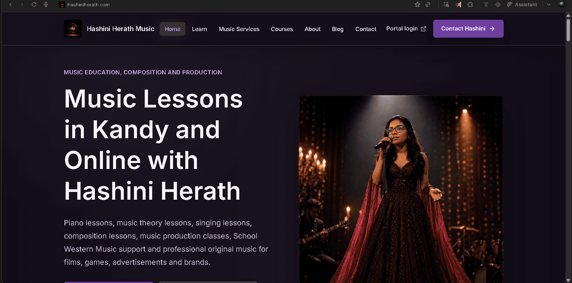 Hashini Herath Music homepage screenshot showing the music lessons hero section
