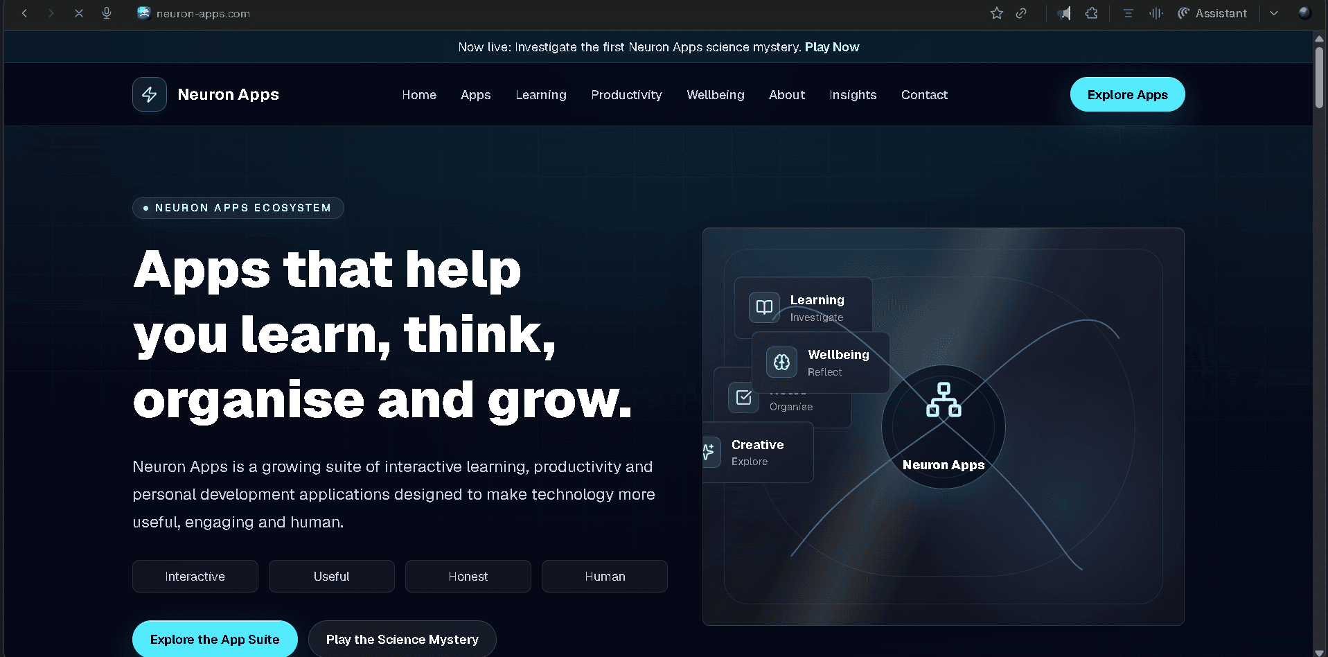 Neuron Apps homepage screenshot showing the app ecosystem hero section